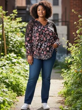 NWT Democracy Women’s Sz 3x Floral Lace Yoke Peasant Blouse Black Pink Boho Top